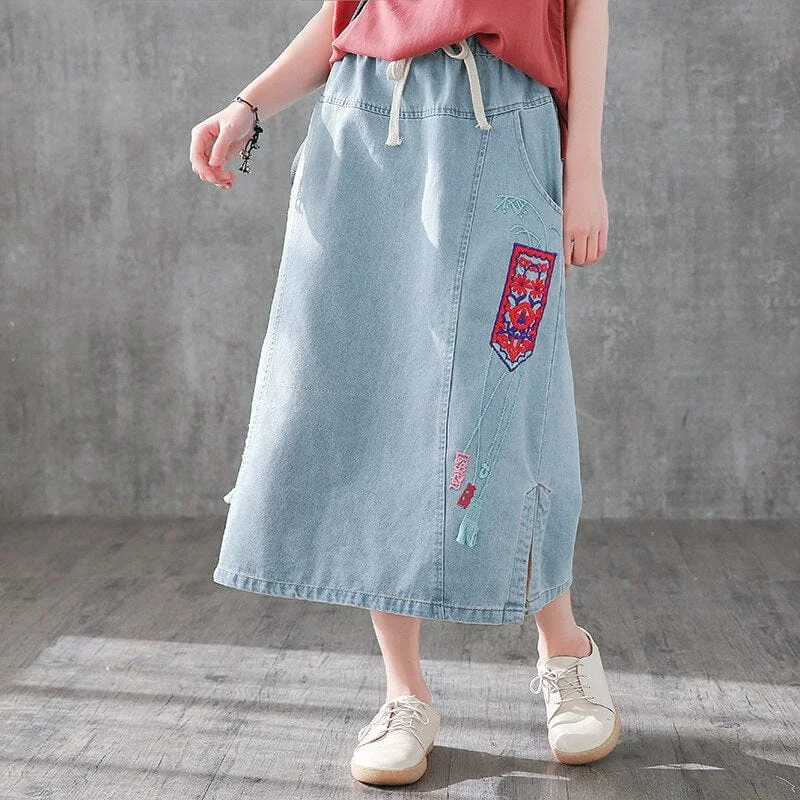 Embroidered Vintage Denim Skirt