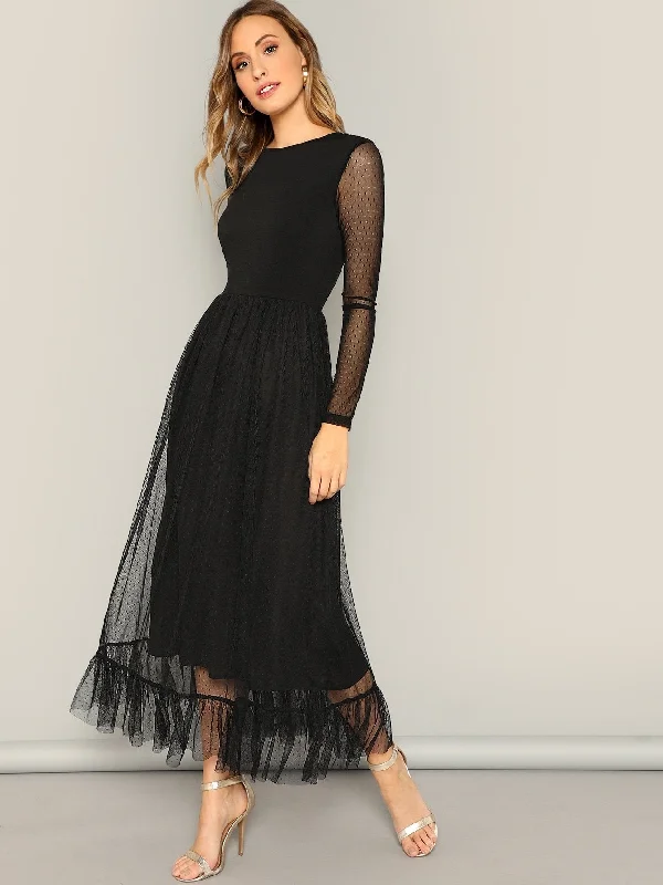 Fit and Flare Mesh Overlay Ruffle Hem Dress