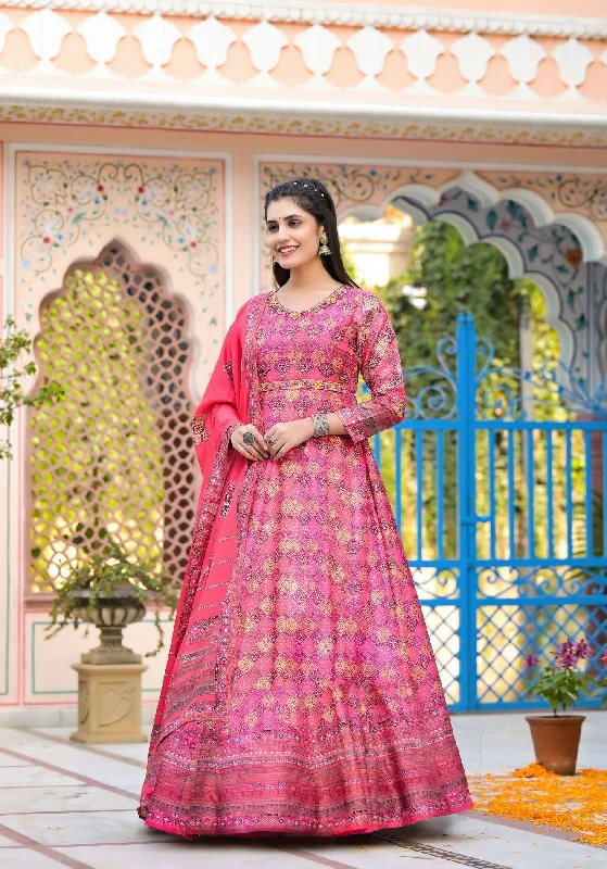 Functional Designer Dark Pink Dola Silk Anarkali suit with Dupatta - Ramya