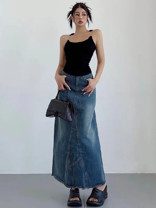 Ianna Denim Blue Retro High-rise Split Mid-Length Fishtail A-line Jeans Skirt