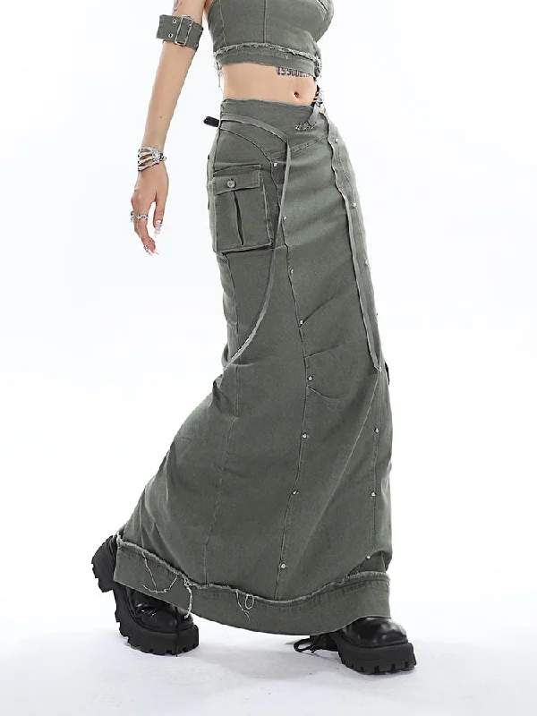 Joy Solid Color Denim Patchwork Multi-Pocket High Waist Long Cargo Skirt