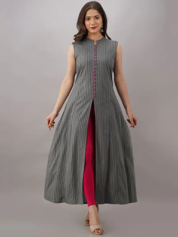 Kalini Women Grey & Gold-Toned Striped Anarkali Kurta