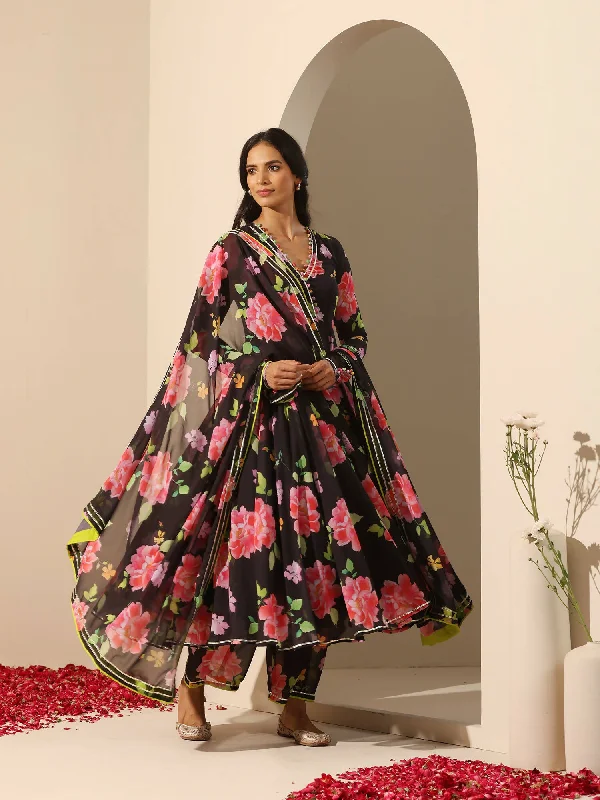 Pomcha Jaipur Black Gul Gulabi Phool Anarkali Set