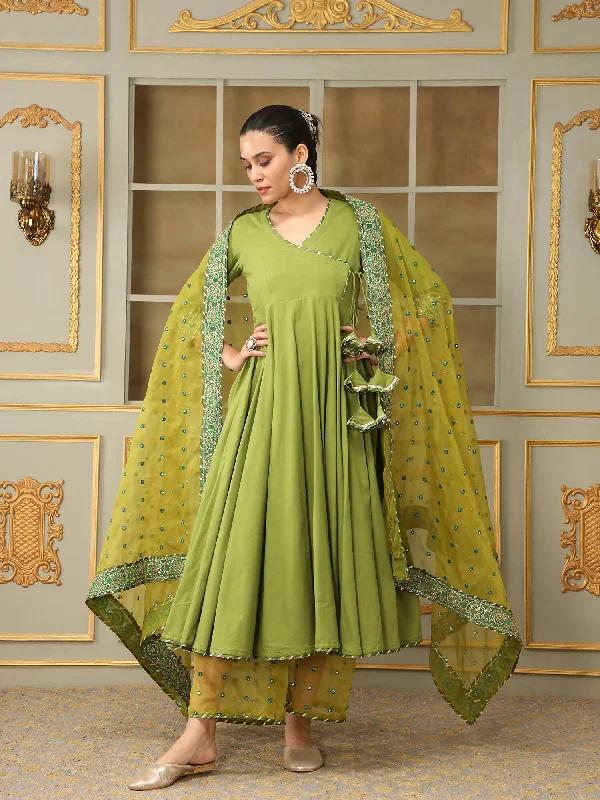 Pomcha Jaipur Green Saadgi Mehendi Green Mirror Work Angrakha Set