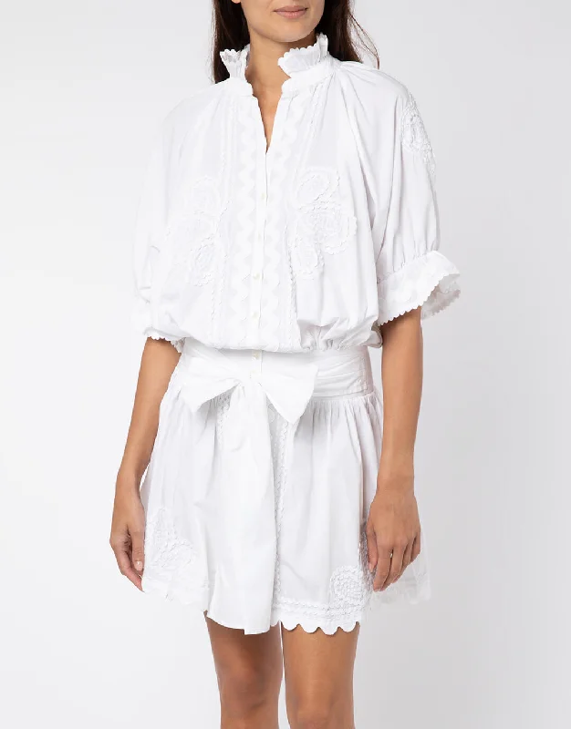 Poplin Blouson Dress with Ric-Rac Embroidery - White