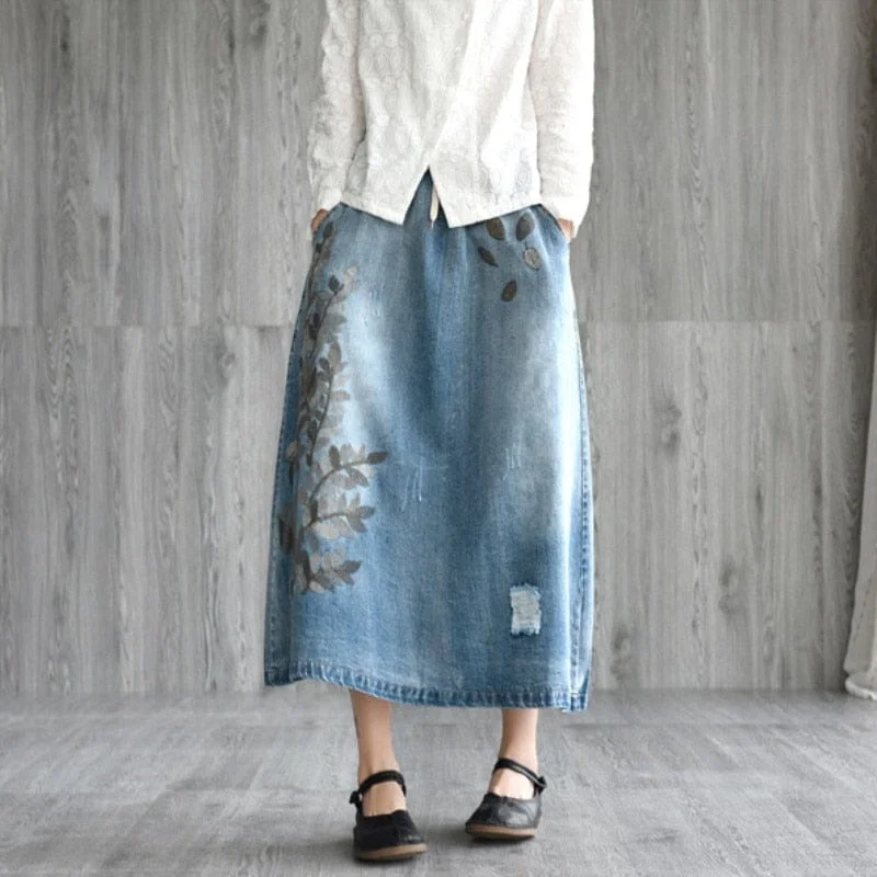 Rhea Floral Embroidered Denim Skirt