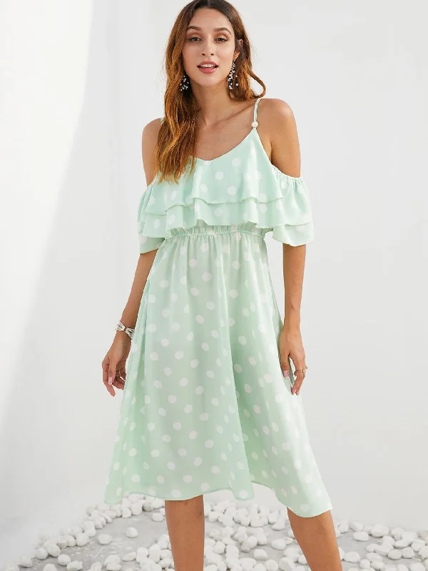 SBetro Polka-dot Cold Shoulder Layered Sleeve Dress