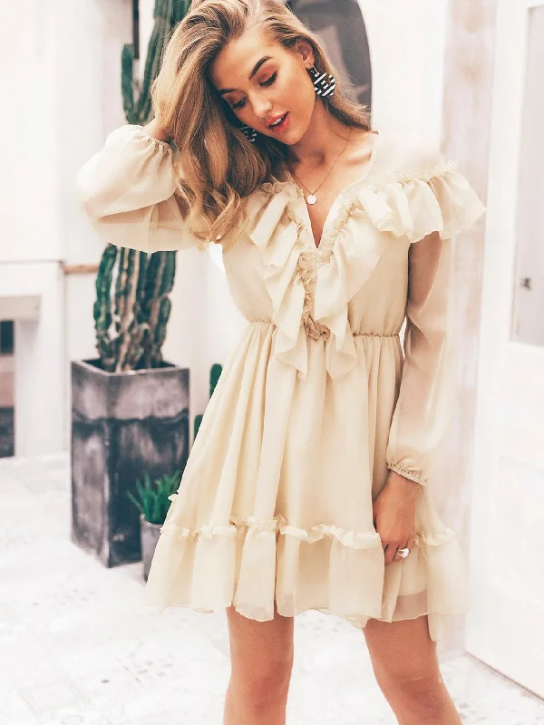 Simplee Plunging Neck Lantern Sleeve Ruffle Dress