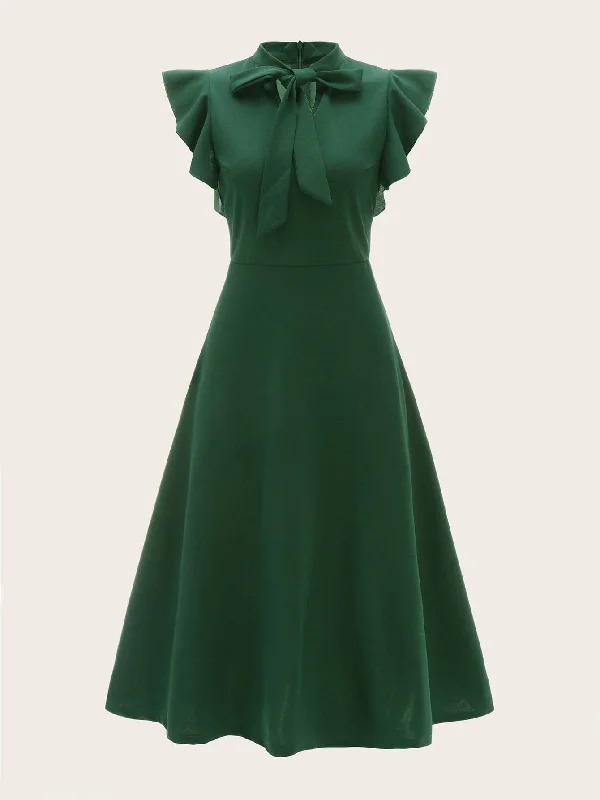  Solid Ruffle Armhole Fit and Flare Dress