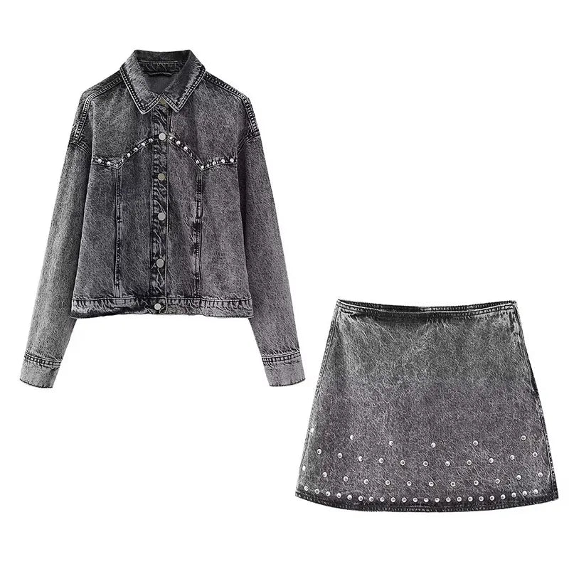 A&A Chic Stonewashed Denim Jacket And Skirt Set