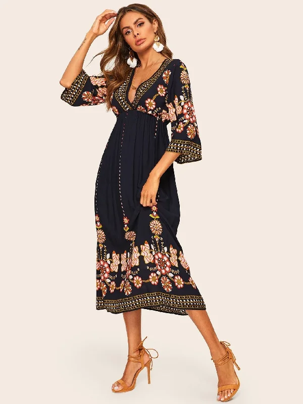 Tribal Deep V Neck Flare Dress