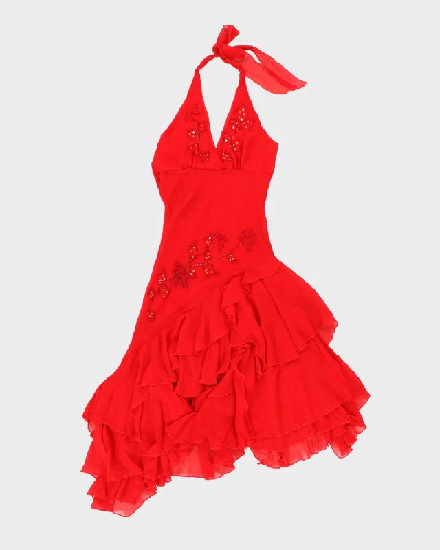 Vintage 90s Red Beaded Ruffle Halter Neck Dress - S