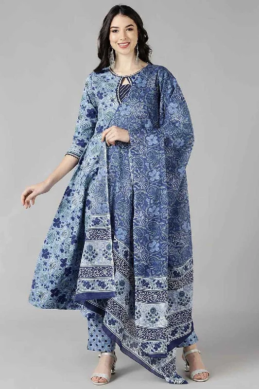 Women's Blue Pure Cotton Anarkali Kurta Pant With Dupatta - Rasiya