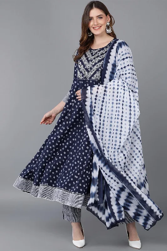 Women's Blue Pure Cotton Anarkali Suit Set - Rasiya