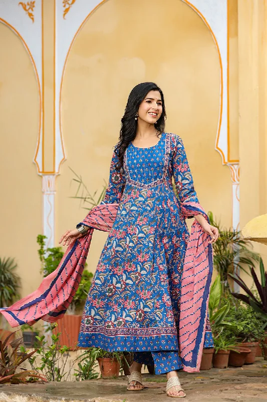 Women's Blue Rayon Blend Anarkali Suit Set - Rasiya