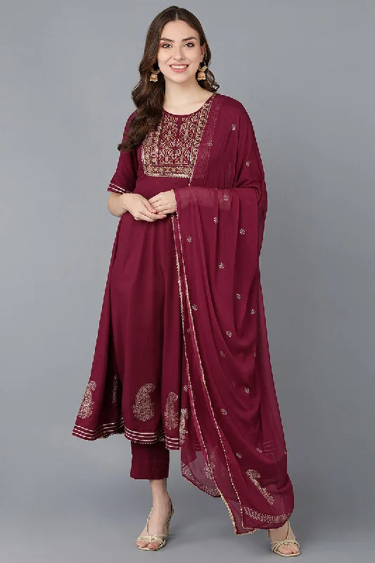 Women's Burgundy Silk Blend Anarkali Suit Set - Rasiya