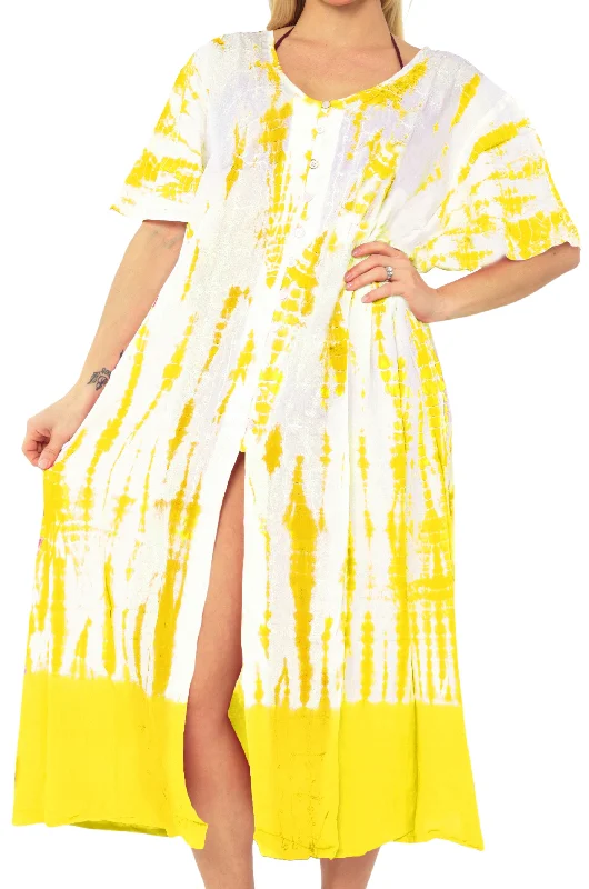 Women's Casual Beachwear Tie Dye Loose Bikini Swimwear Cover up Caftan Dress Yellow