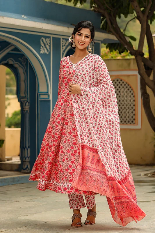 Women's Pink Cotton Anarkali Suit Set - Rasiya