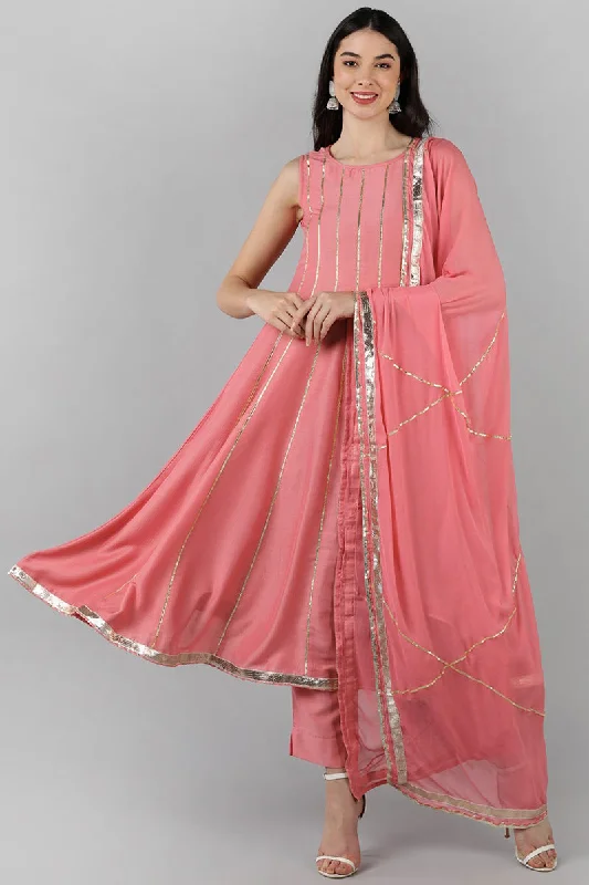 Women's Pink Poly Silk Gotta Patti Anarkali Suit Set - Rasiya