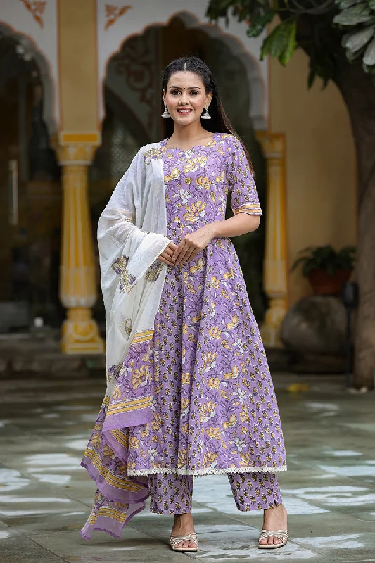 Women's Purple Cotton Ethnic Motifs Printed Anarkali Suit Set - Rasiya