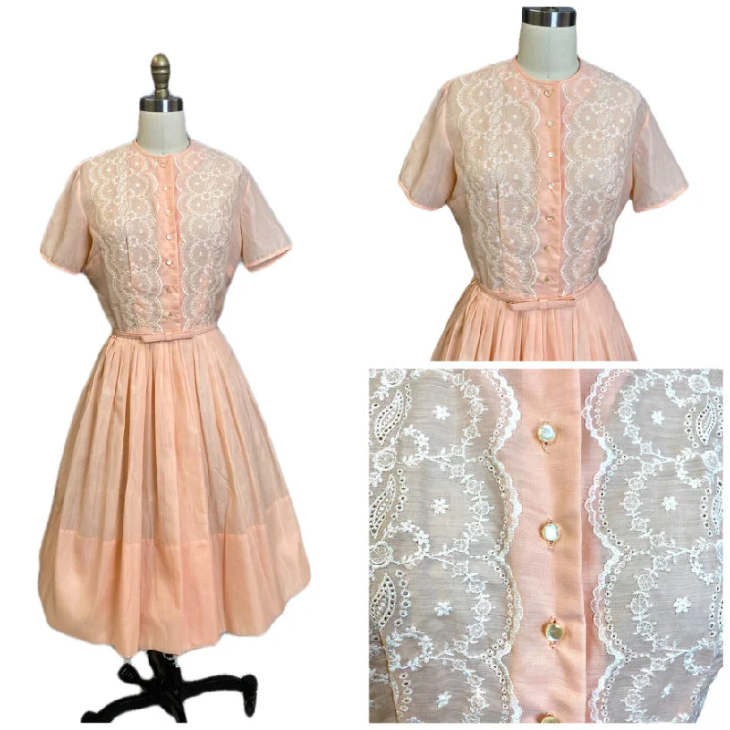 VTG L'Aiglon Shirt Dress Peach Sheer Classic 1950s Day Dress M/L Embroidered