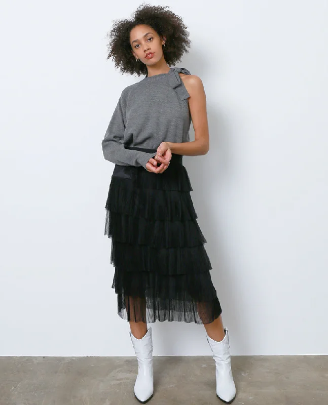 Go With The Flow Midi Skirt - Black Ruffle