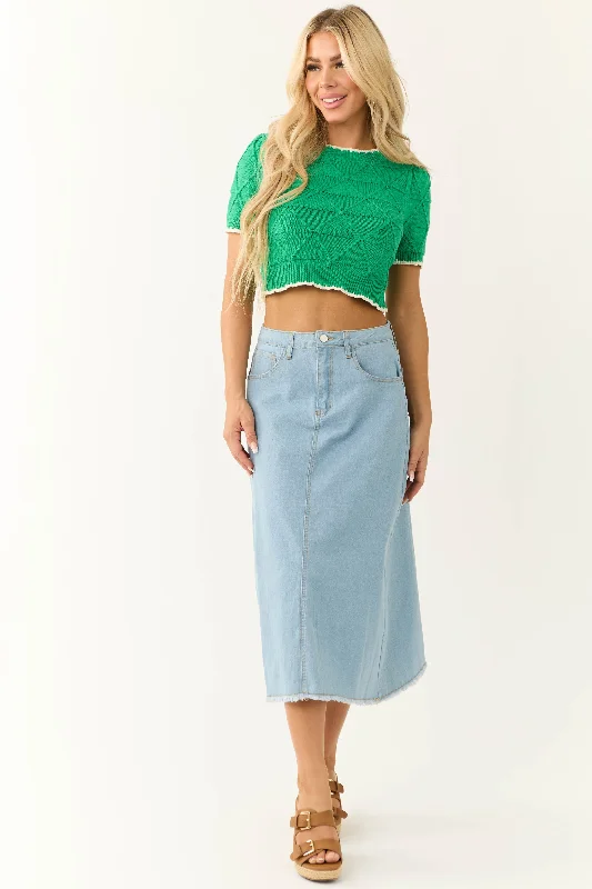 Light Wash Denim Frayed Hem Midi Skirt