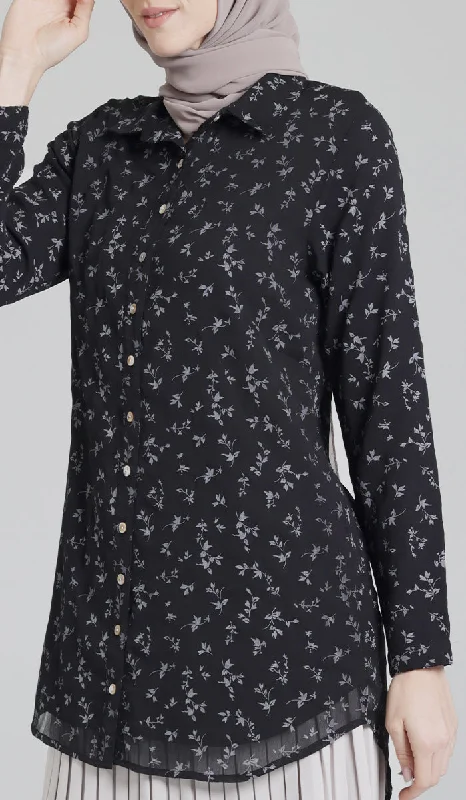 Marwa Chiffon Print Long Button down Shirt - Black/Gray