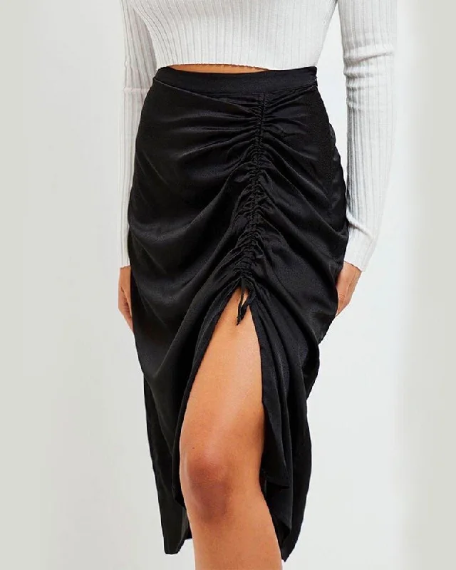 MINKPINK - Last Song Drawstring Satin Midi Skirt in Black