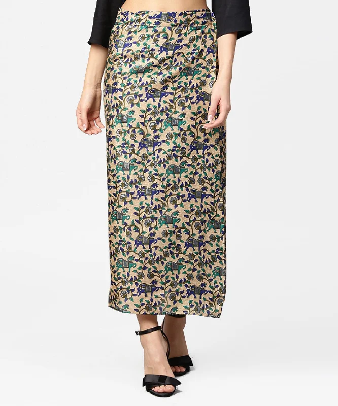 NOZ2TOZ Beige Printed Midi Cotton Straight Skirt