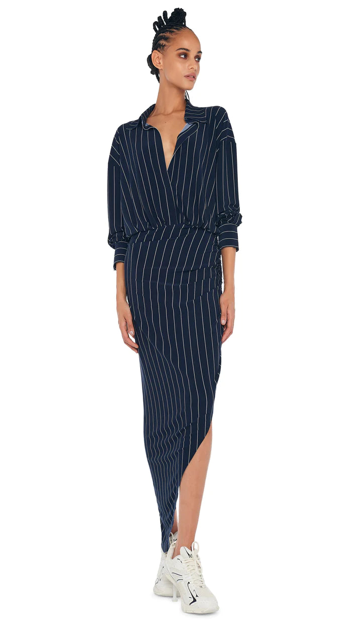 Oversized Boyfriend Shirt Dress - Navy Pinstripe