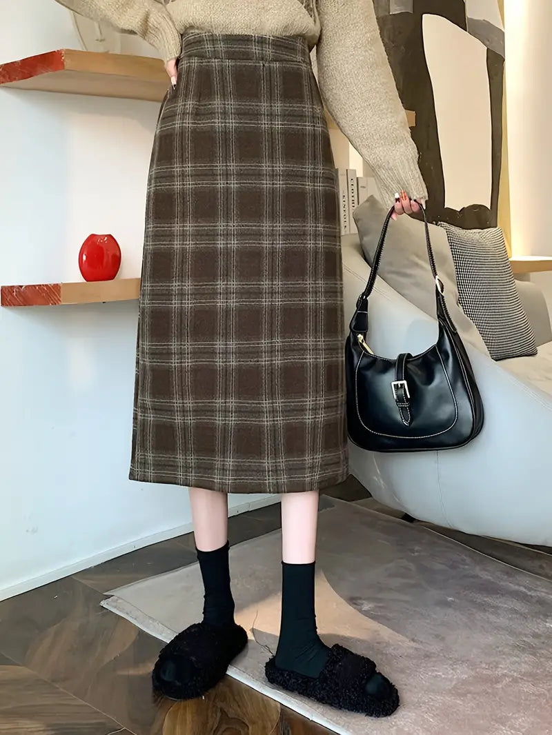 Plaid Print High Waist Wool Casual Split Midi Skirt