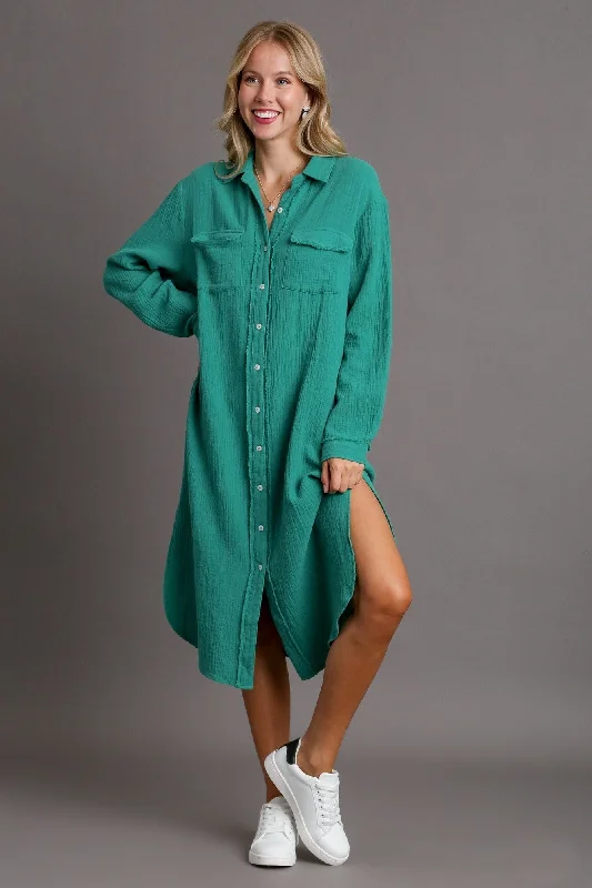 Umgee Cotton Gauze Button Down Shirt Dress in Jade