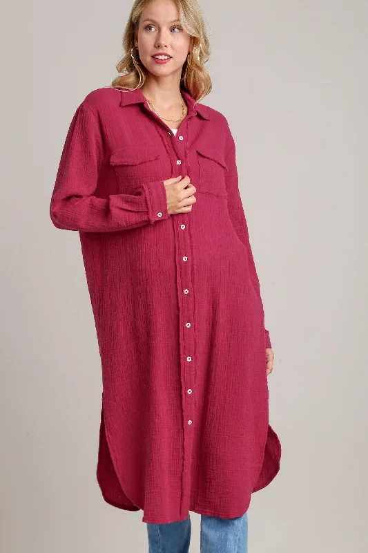 Umgee Cotton Gauze Button Down Shirt Dress in Ruby FINAL SALE