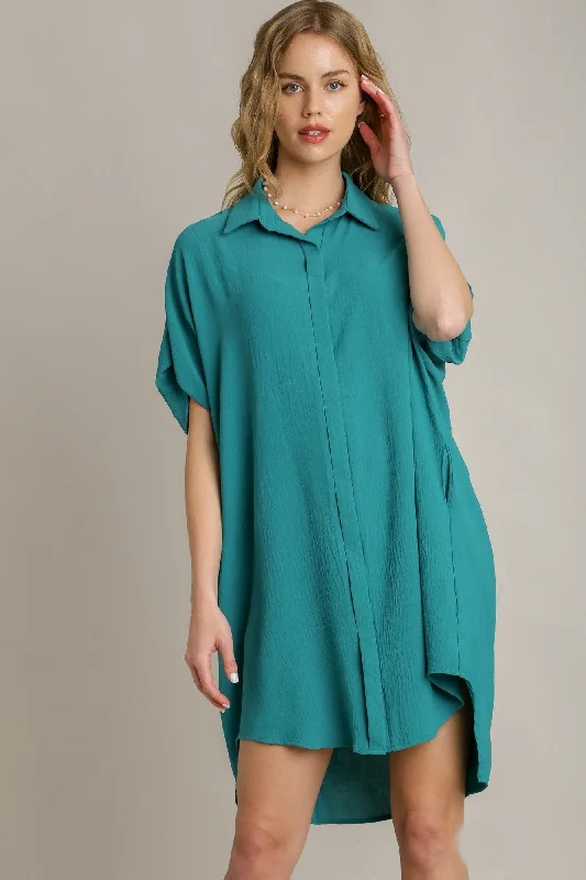 Umgee Placket Hidden Button Down Shirt Dress in Turquoise FINAL SALE