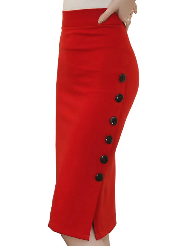 Women Skirt Midi Skirt Slim OL Sexy Open Slit Button