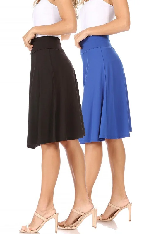 Women's 2 Pack Solid High Waist Flare A-line Midi Skirt with Elastic Waistband