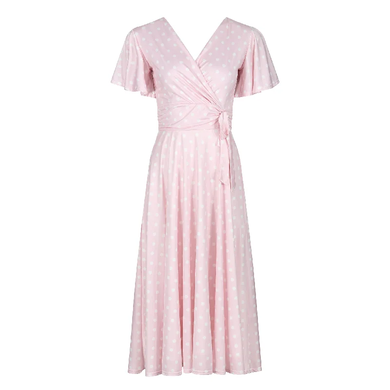 Pale Pink White Polka Dot Waterfall Sleeve Swing Dress