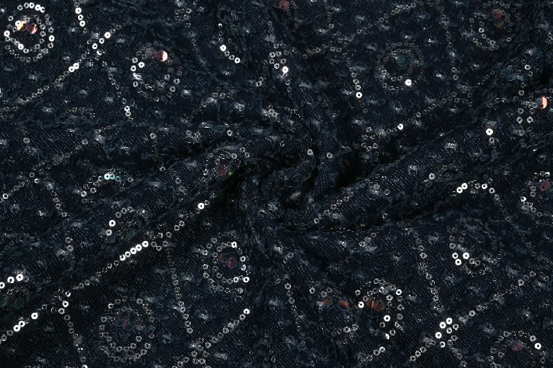 Dark Blue Traditional Cotton Cut Work Sequin Denim Fabric