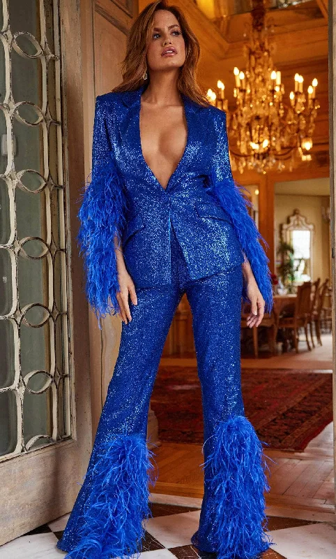 Jovani 23162 - V-Neck Sequin Feathers Pant Suit