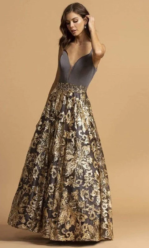 Trevi Collection - L2245 Sleeveless Gold Sequin Appliqued Dress