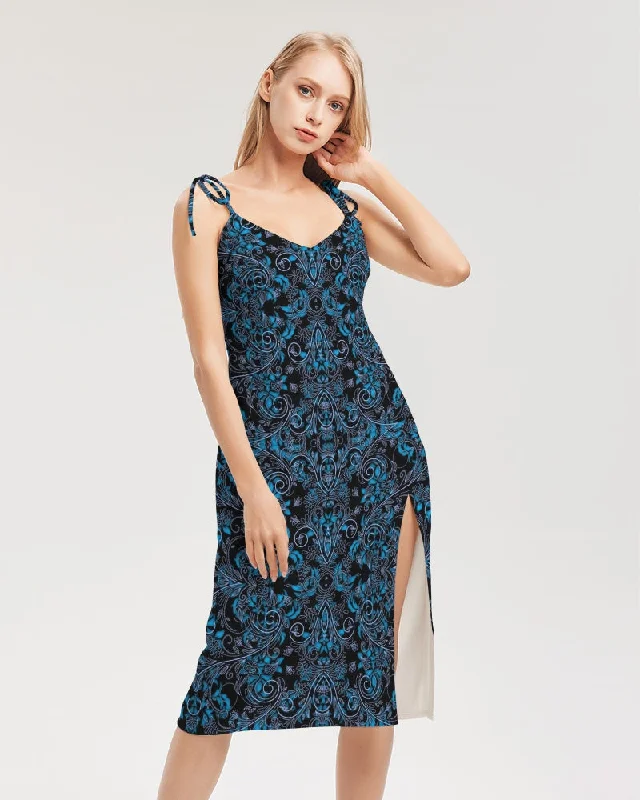 Blue Vines and Lace Women's All-Over Print Tie Strap Split Dress