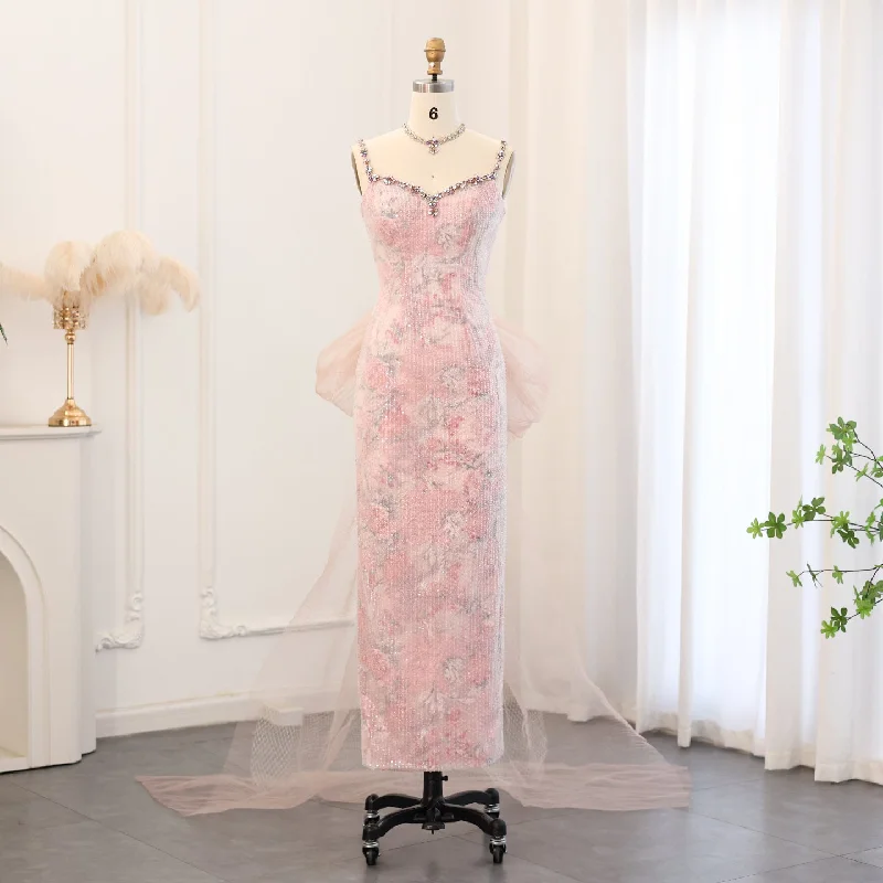 Elegant Crystal Pink Spaghetti Evening Dress with Necklace SS516