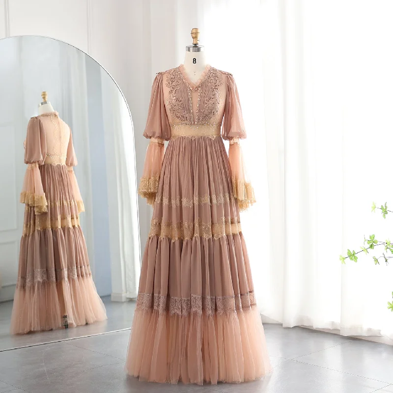 Elegant Peach Lace Long Sleeves Evening Dress SS535