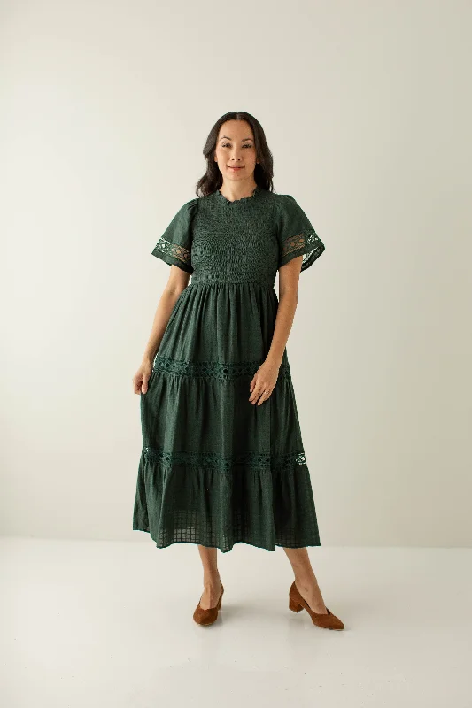 'Enya' Smocked Bodice Lace Trim Dress in Hunter Green