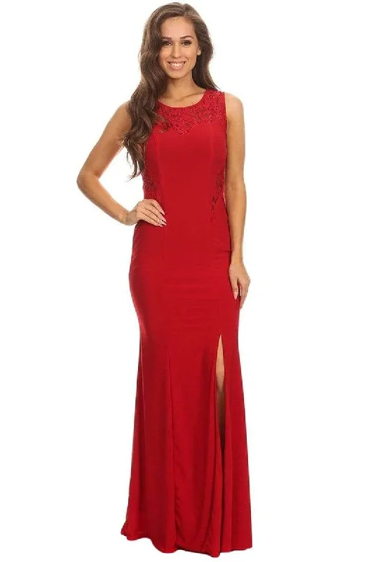 Eureka Fashion - 2073 Lace Jewel Neck Jersey Trumpet Dress