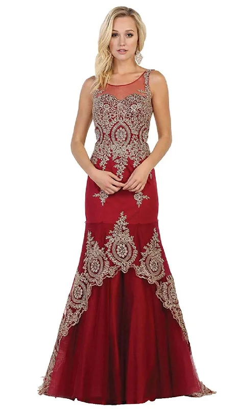 May Queen - Gilt Lace Illusion Scoop Trumpet Dress RQ7546 - 1 pc Burgundy In Size 12 Available