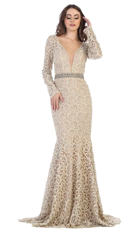 May Queen - RQ7671 Lace Long Sleeve Trumpet Dress With Train