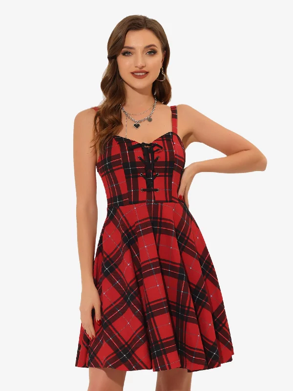 Plaid Gothic Vintage Lace-Up Sleeveless A-Line Dress