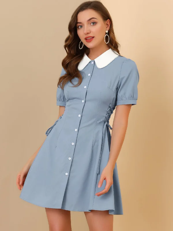 Vintage Peter Pan Collar Lace Up Button Down Dress